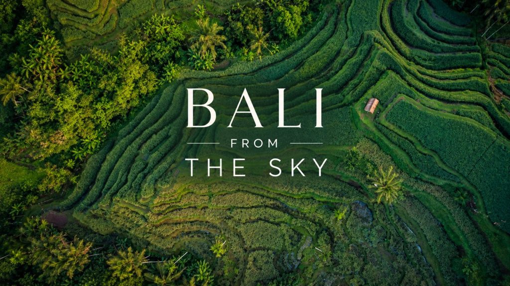Aerial view of Bali's lush green rice terraces and tropical landscape, featuring the title Bali From the Sky, a cinematic documentary.