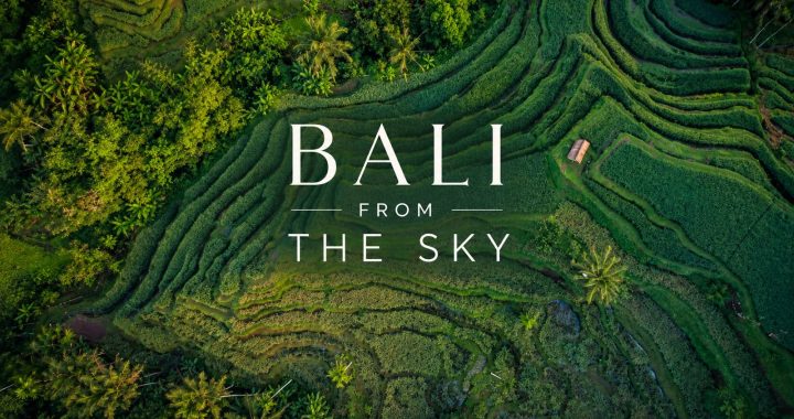 Aerial view of Bali's lush green rice terraces and tropical landscape, featuring the title Bali From the Sky, a cinematic documentary.
