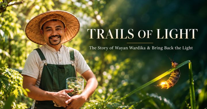 Wayan Wardika beside a glowing firefly in a tropical setting, representing the Bring Back the Light project in Bali.