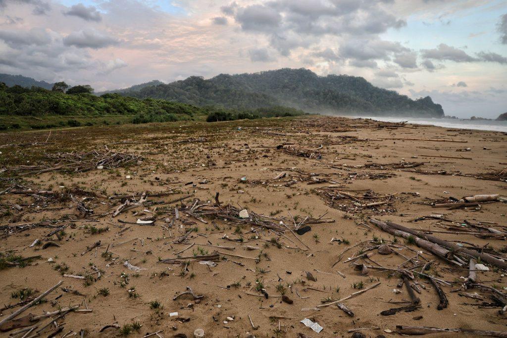 Débris de bois et plastiques éparpillés sur la plage de Sukamade, conséquence des marées et des activités humaines autour du parc Meru Betiri.