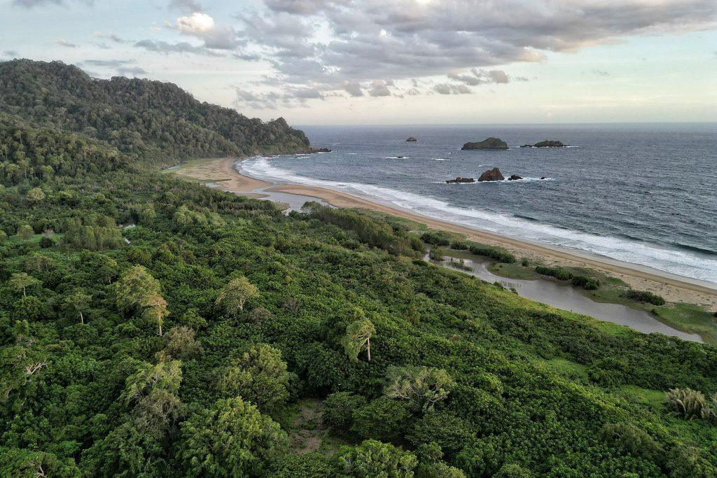 Vue aérienne de la plage de Sukamade, lieu de ponte des tortues vertes sur la côte sud de Java.