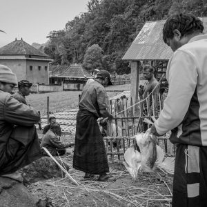 Hommes du village de Trunyan réunis lors des préparatifs d’une cérémonie.