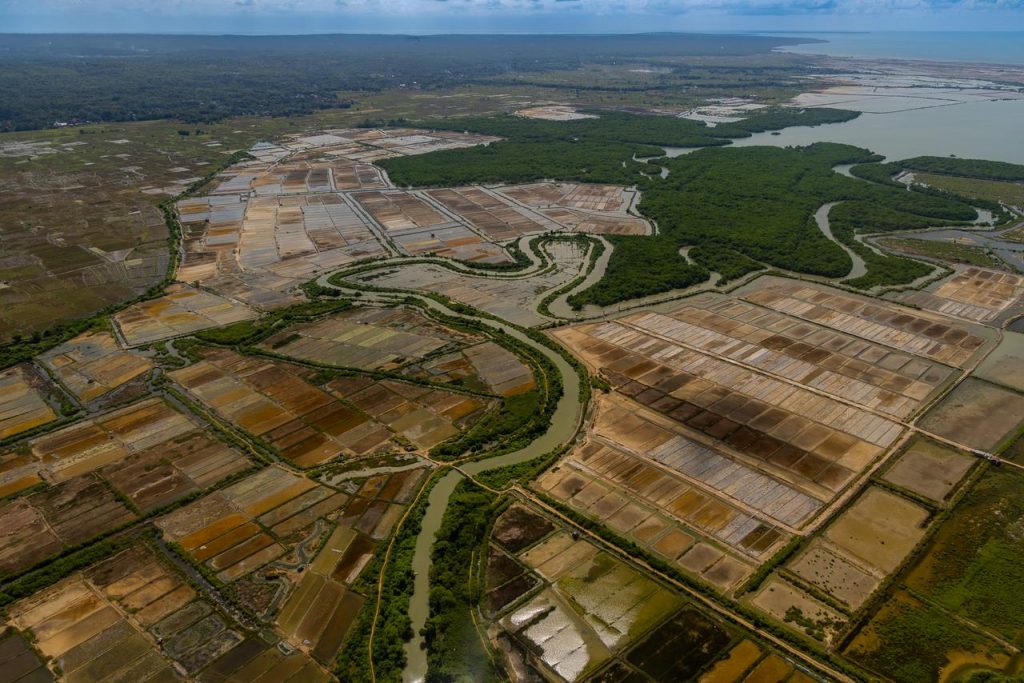 Organisation de parcelles agricoles et de cours d’eau, illustrant une transformation du paysage liée à la gestion humaine des sols et de l’eau.