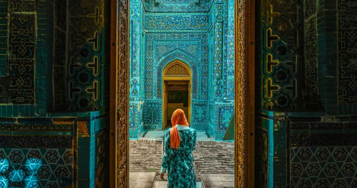 Interior of a mausoleum of Shah-i-Zinda in Samarkand with ceramic decorations and calligraphic inscriptions
