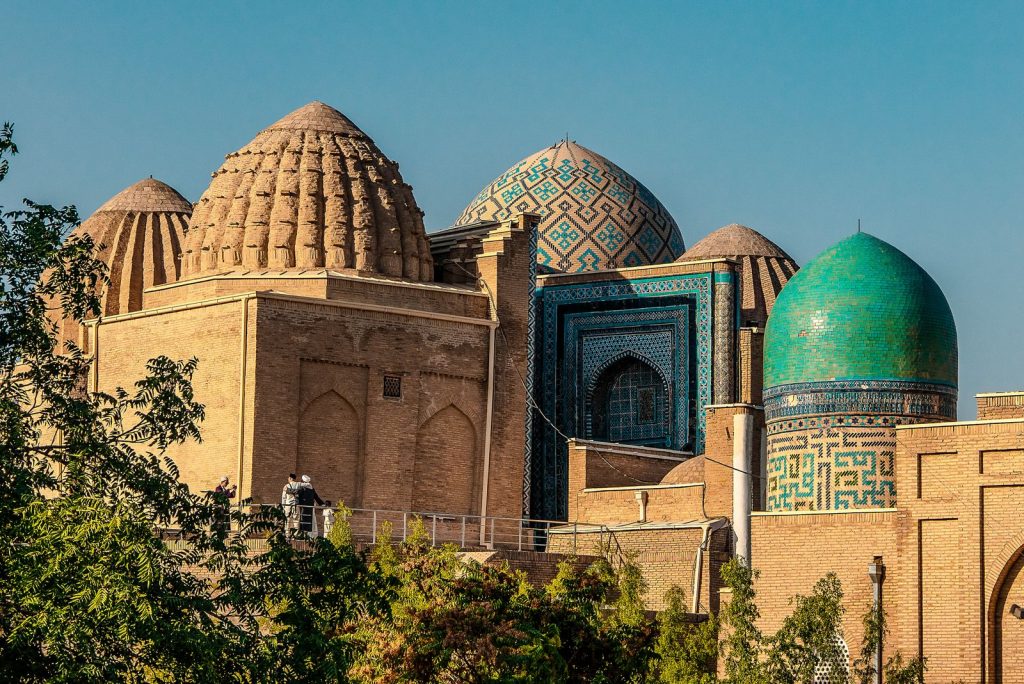 Overview of the Shah-i-Zinda necropolis in Samarkand with Timurid domes and historical funerary structures
