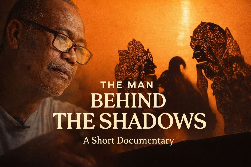 Portrait de I Ketut Darsana, Dalang à Bali, devant un écran de Wayang Kulit avec marionnettes de théâtre d’ombres en silhouette.