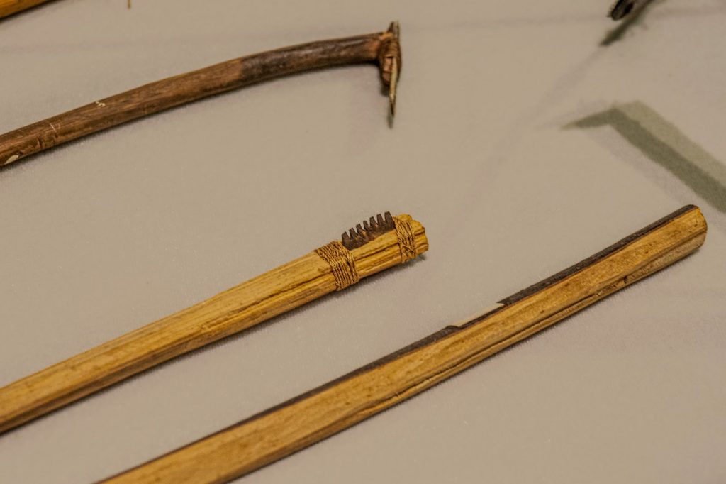Détail d’outils anciens pour tatouage maori avec manches en bois.
