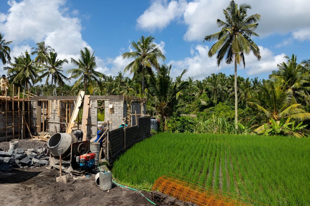 Building construction near tropical rice fields