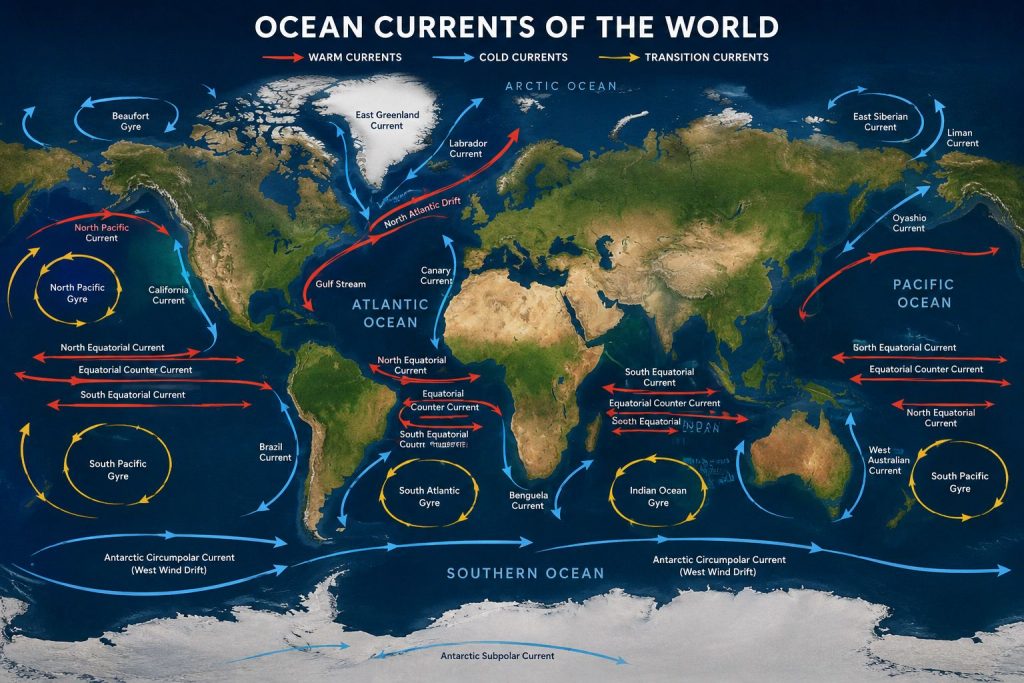 Carte des principaux courants marins mondiaux avec circulation des eaux chaudes et froides.