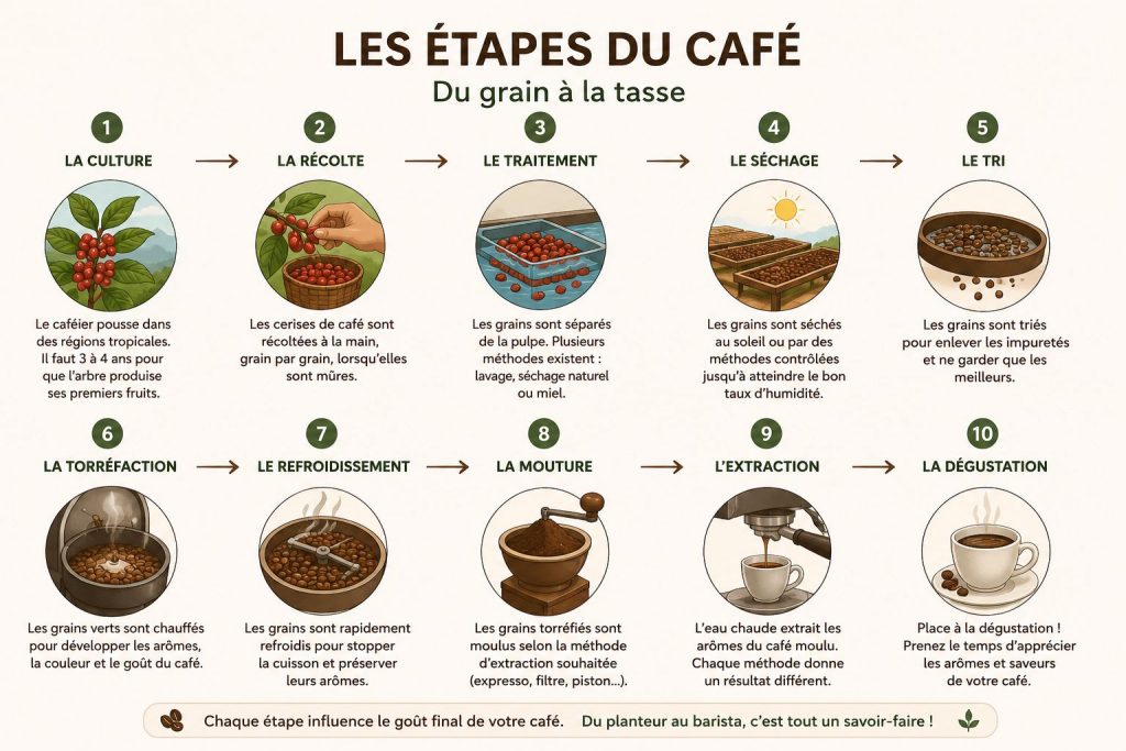 présentation des différentes étapes de production du café du grain à la tasse.