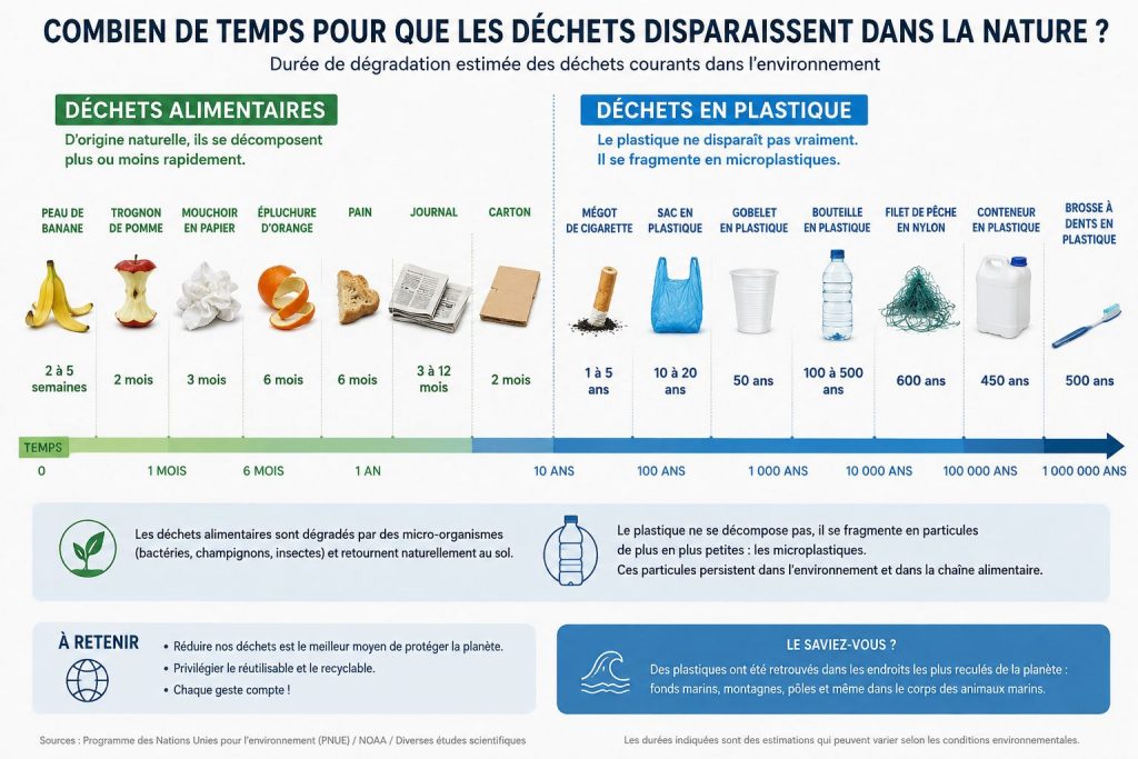 Infographic showing the estimated decomposition time of different types of waste in nature, from food waste to persistent plastics.