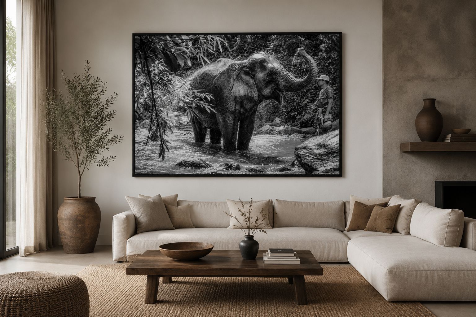 mockup of the An Asian elephant bathing in a forest river in Thailand while its mahout watches nearby.