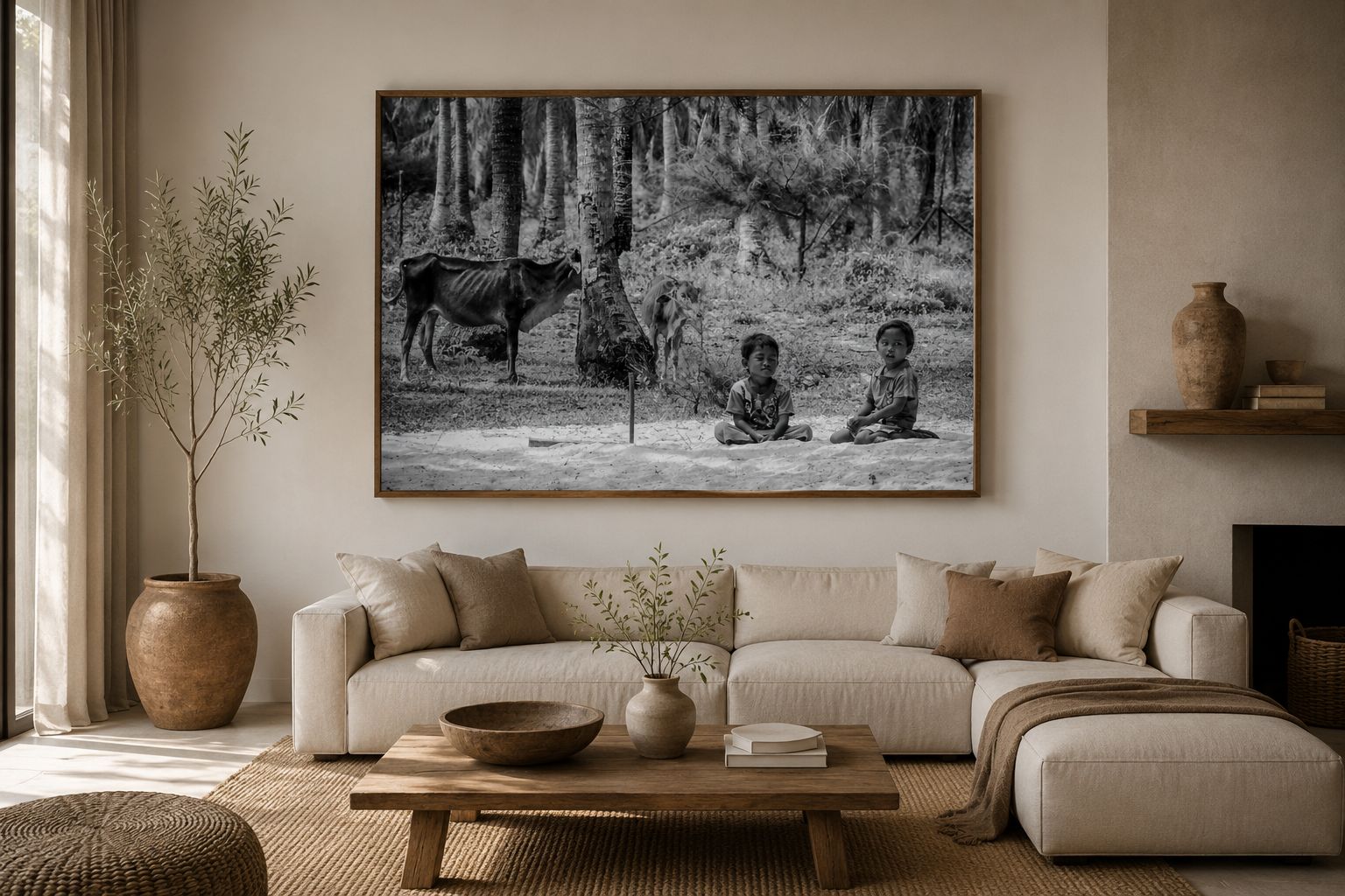 mockup of the Two children sitting on a white sand beach in Malaysia, surrounded by coconut palms and free-roaming cattle.