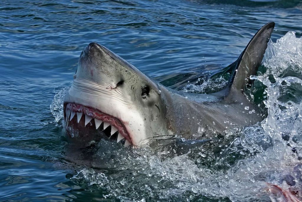 Great white shark at the ocean surface during a hunting sequence.