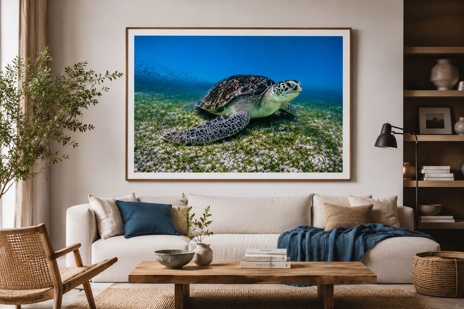 Mockup of the Green sea turtle resting on the sand of Gili Air, Indonesia.