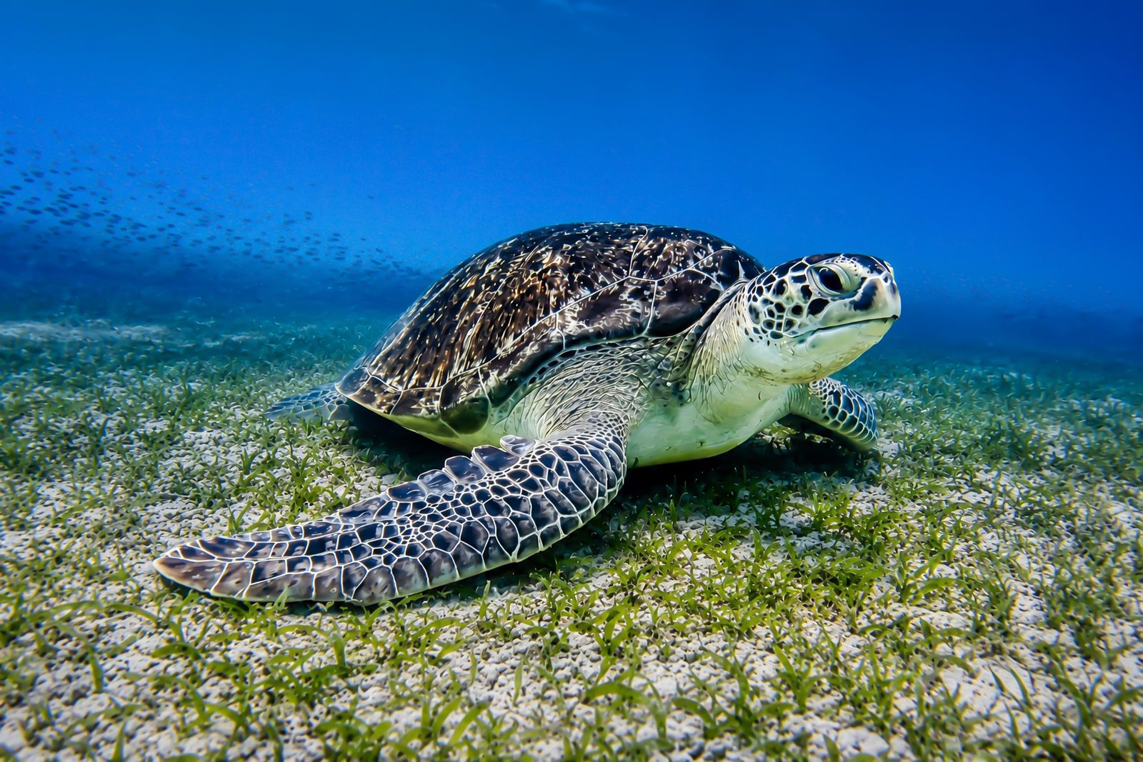 Green sea turtle resting on the sand of Gili Air, Indonesia.