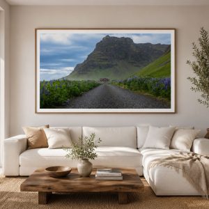 mockup of the picture Mountain road through lupin fields in southern Iceland