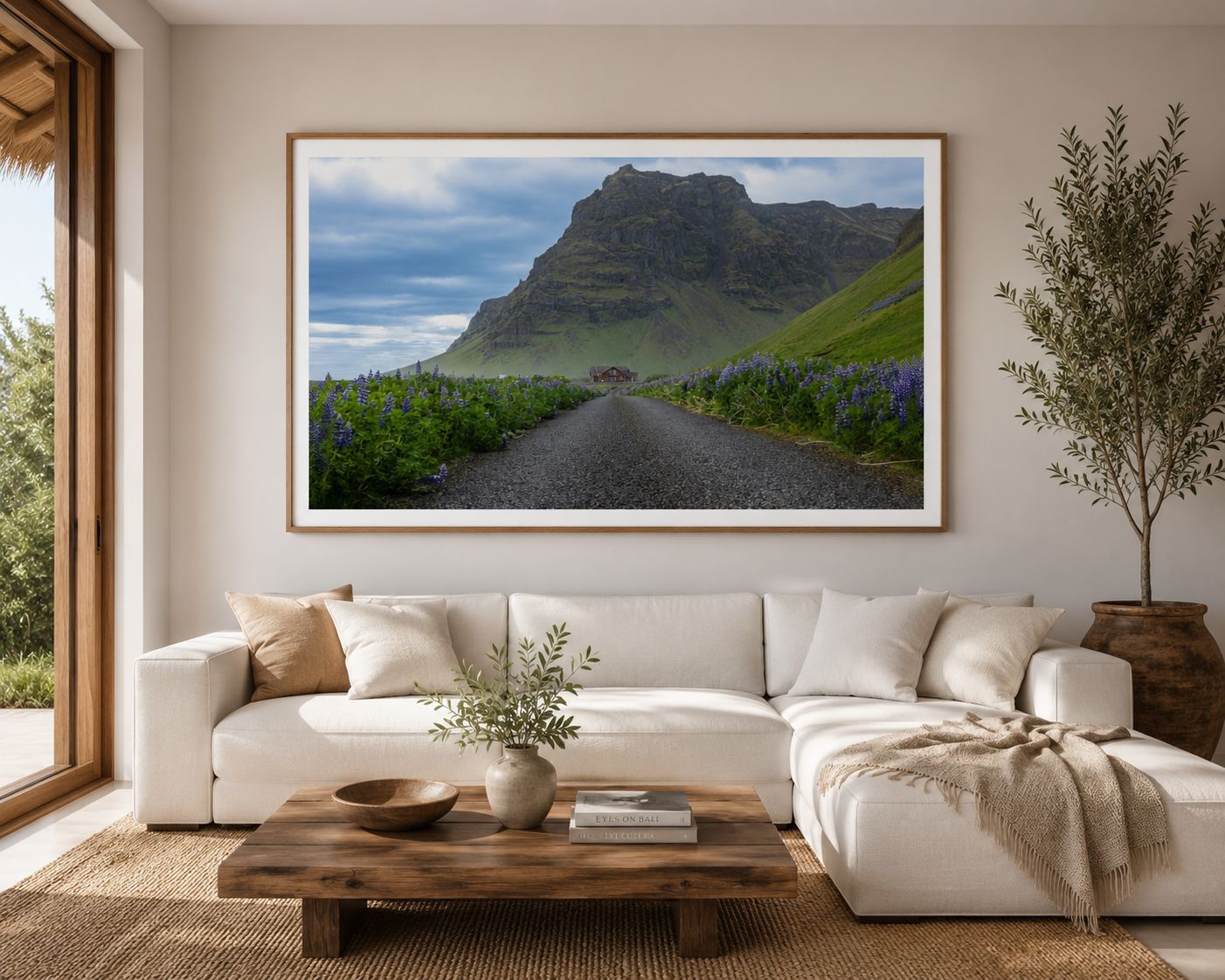 mockup of the picture Mountain road through lupin fields in southern Iceland
