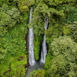 Aerial view of a hidden twin waterfall surrounded by lush tropical rainforest in Bali, Indonesia.