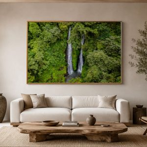 mockup of the Aerial view of a hidden twin waterfall surrounded by lush tropical rainforest in Bali, Indonesia.