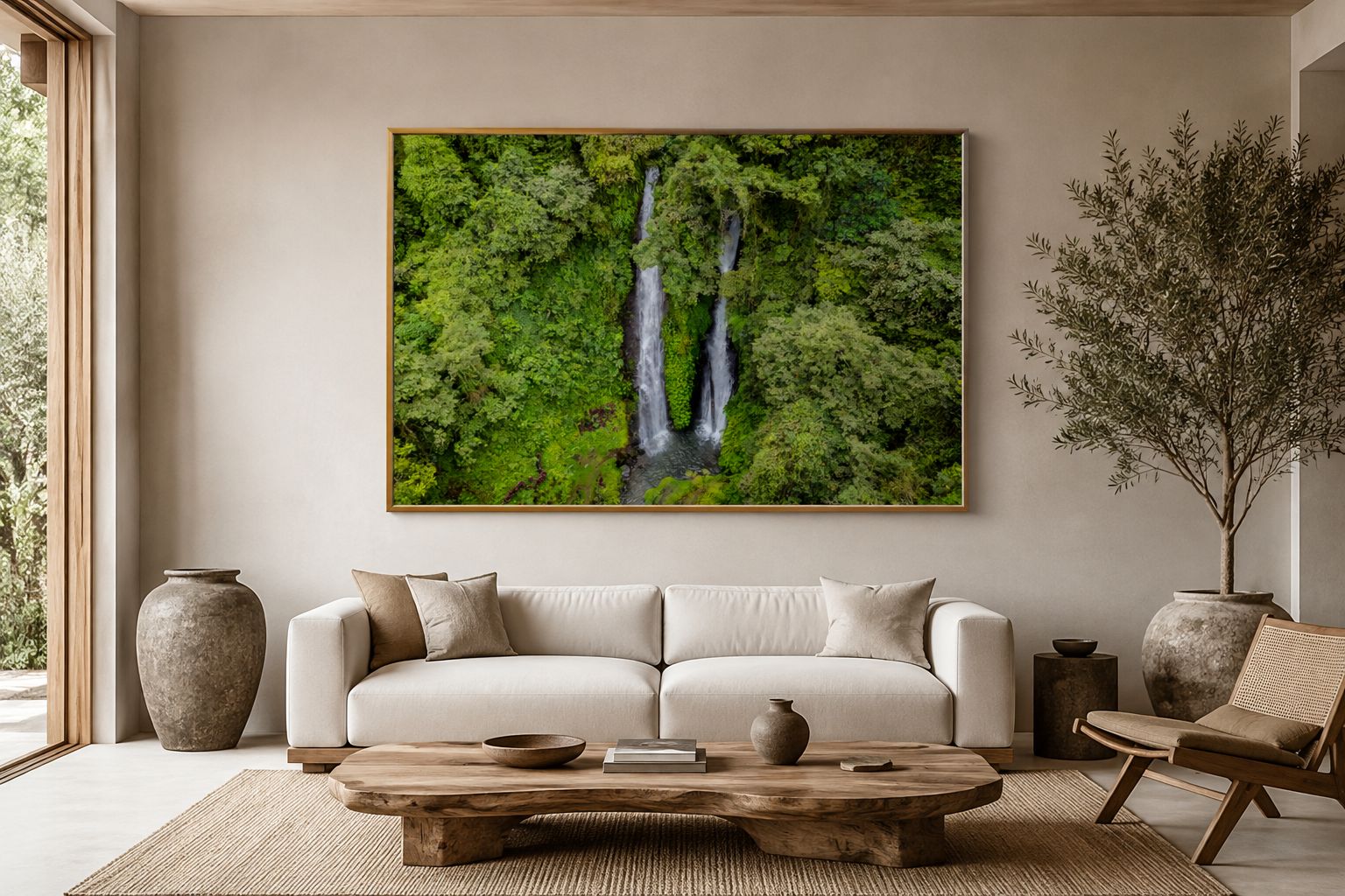 mockup of the Aerial view of a hidden twin waterfall surrounded by lush tropical rainforest in Bali, Indonesia.