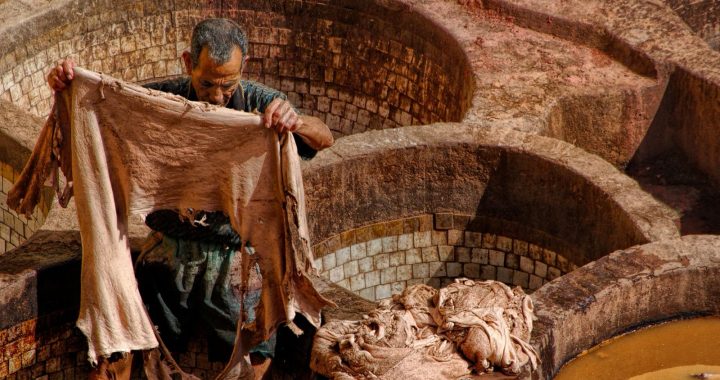 A man handles a hide in a traditional tannery surrounded by processing vats.