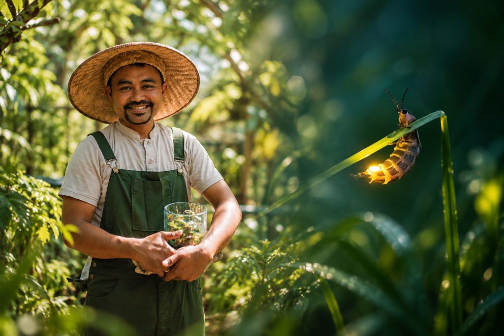 Wayan Wardika beside a glowing firefly in a tropical setting, representing the Bring Back the Light project in Bali.