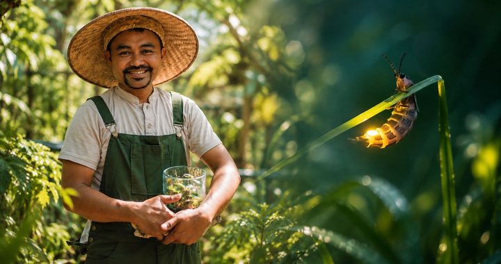 Wayan Wardika beside a glowing firefly in a tropical setting, representing the Bring Back the Light project in Bali.