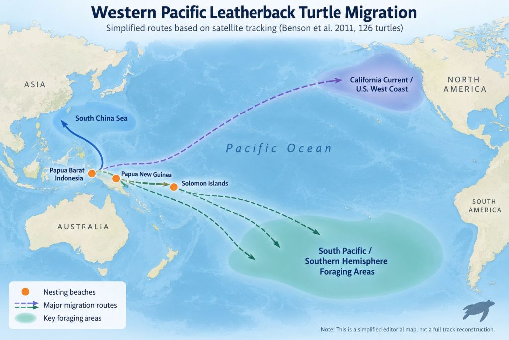 Map showing major western Pacific leatherback turtle migration routes from nesting beaches in Indonesia, Papua New Guinea and the Solomon Islands.