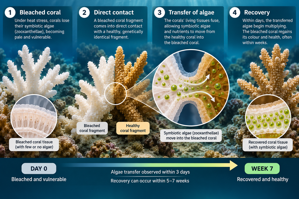 How bleached corals recover through direct contact with healthy, genetically identical fragments. Stanford researchers observed the transfer of symbiotic algae within three days, with complete recovery after seven weeks under laboratory conditions.