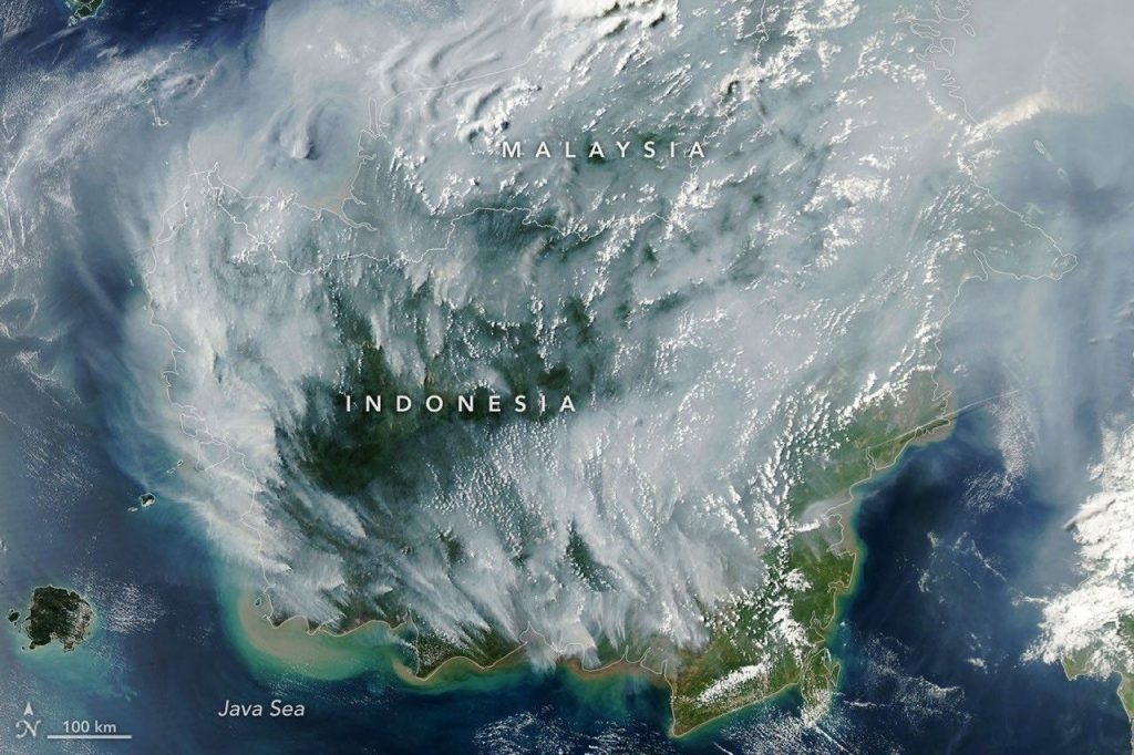 Satellite view showing smoke from peatland fires over Indonesia and Malaysia.