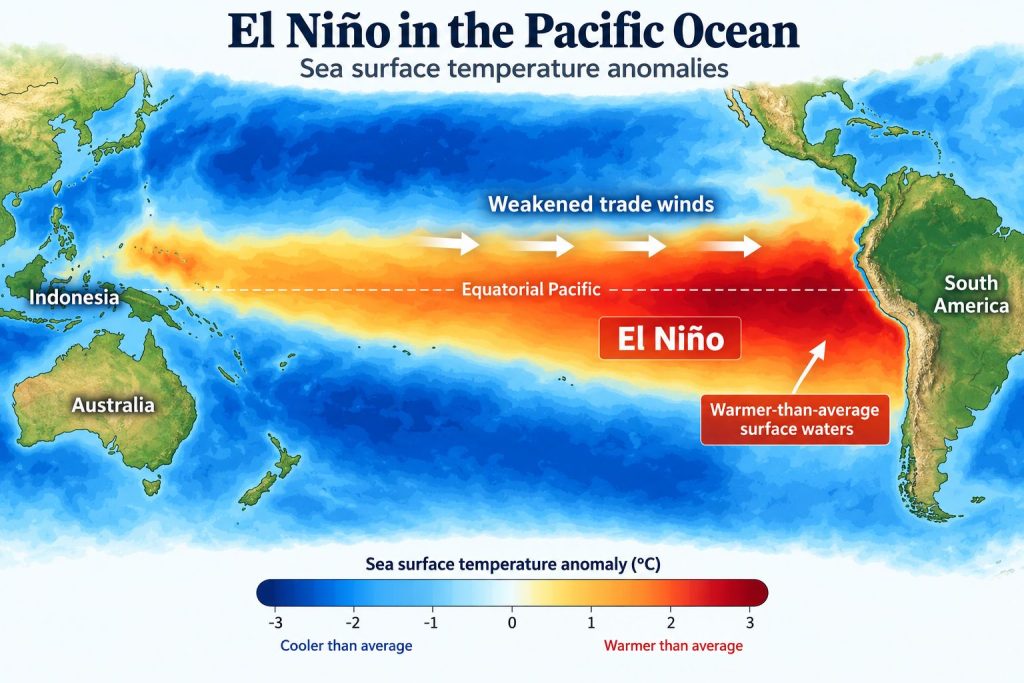 El Niño Pacific Ocean map showing sea surface temperature anomalies, weakened trade winds and warmer waters near South America